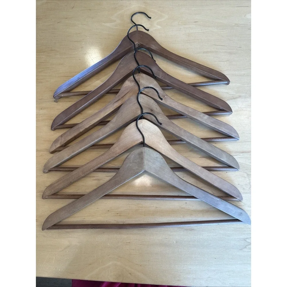 Vintage Wooden Clothes Hangers Standard Size Brown Metal Adult Lot Of 6 Suits